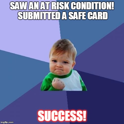 Success Kid | SAW AN AT RISK CONDITION! SUBMITTED A SAFE CARD SUCCESS! | image tagged in memes,success kid | made w/ Imgflip meme maker