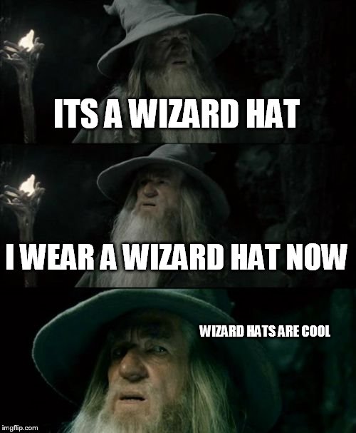 gandalf if a dr  who fan   | ITS A WIZARD HAT I WEAR A WIZARD HAT NOW WIZARD HATS ARE COOL | image tagged in memes,confused gandalf | made w/ Imgflip meme maker