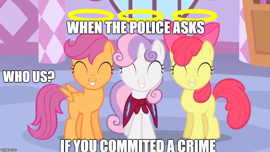 WHEN THE POLICE ASKS IF YOU COMMITED A CRIME WHO US? | image tagged in cutie mark crusaders,mlp | made w/ Imgflip meme maker