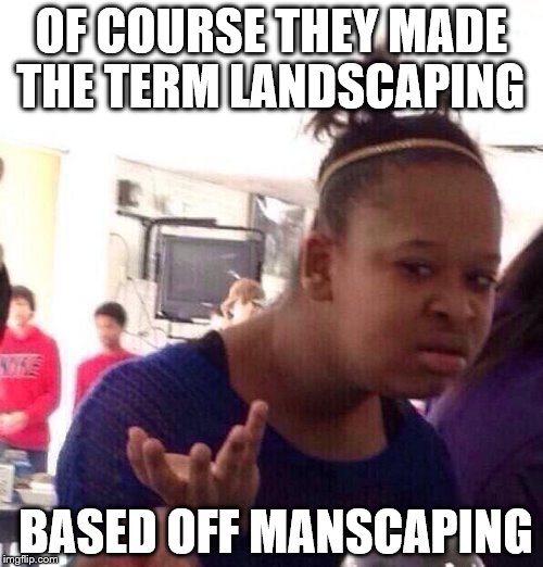 Black Girl Wat Meme | OF COURSE THEY MADE THE TERM LANDSCAPING BASED OFF MANSCAPING | image tagged in memes,black girl wat | made w/ Imgflip meme maker