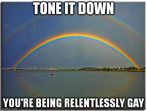 Relentlessly gay rainbow | TONE IT DOWN YOU'RE BEING RELENTLESSLY GAY | image tagged in double rainbow | made w/ Imgflip meme maker
