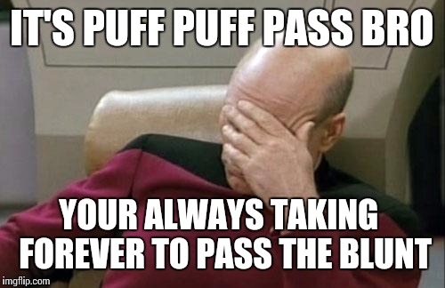 Dude you serious? Lol | IT'S PUFF PUFF PASS BRO YOUR ALWAYS TAKING  FOREVER TO PASS THE BLUNT | image tagged in memes,captain picard facepalm,weed,random,funny | made w/ Imgflip meme maker