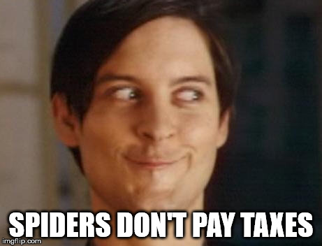 Spiderman Peter Parker | SPIDERS DON'T PAY TAXES | image tagged in memes,spiderman peter parker | made w/ Imgflip meme maker