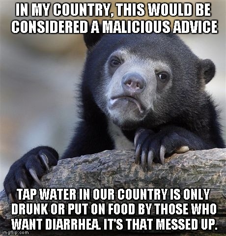 Confession Bear Meme | IN MY COUNTRY, THIS WOULD BE CONSIDERED A MALICIOUS ADVICE TAP WATER IN OUR COUNTRY IS ONLY DRUNK OR PUT ON FOOD BY THOSE WHO WANT DIARRHEA. | image tagged in memes,confession bear | made w/ Imgflip meme maker