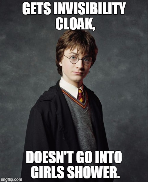 Good Guy Harry. ( Well If I had one I Have gone for sure.) | GETS INVISIBILITY CLOAK, DOESN'T GO INTO GIRLS SHOWER. | image tagged in harry potter | made w/ Imgflip meme maker