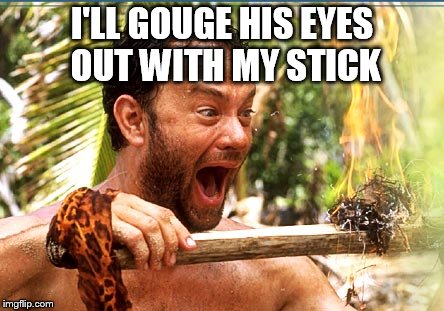 Castaway Fire Meme | I'LL GOUGE HIS EYES OUT WITH MY STICK | image tagged in memes,castaway fire | made w/ Imgflip meme maker