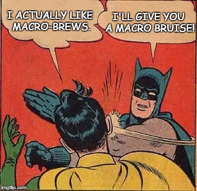 Batman Slapping Robin | I ACTUALLY LIKE MACRO-BREWS. I'LL GIVE YOU A MACRO BRUISE! | image tagged in memes,batman slapping robin | made w/ Imgflip meme maker