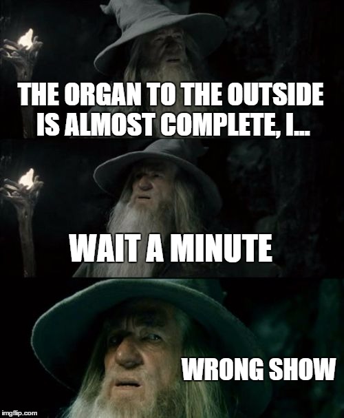 Confused Gandalf | THE ORGAN TO THE OUTSIDE IS ALMOST COMPLETE, I... WAIT A MINUTE WRONG SHOW | image tagged in memes,confused gandalf | made w/ Imgflip meme maker