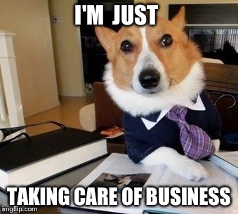 The Most Interesting Dog in the World | I'M  JUST TAKING CARE OF BUSINESS | image tagged in taking care of business,tcb,intelligent dog,down to business dog,the most interesting dog in the world | made w/ Imgflip meme maker