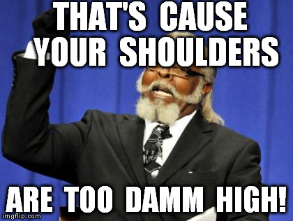 Too Damn High Meme | THAT'S  CAUSE  YOUR  SHOULDERS ARE  TOO  DAMM  HIGH! | image tagged in memes,too damn high | made w/ Imgflip meme maker