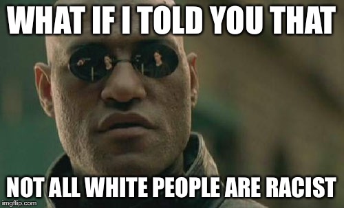 Matrix Morpheus Meme | WHAT IF I TOLD YOU THAT NOT ALL WHITE PEOPLE ARE RACIST | image tagged in memes,matrix morpheus | made w/ Imgflip meme maker