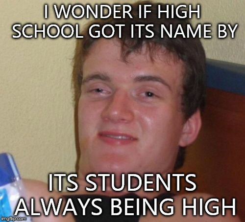 10 Guy | I WONDER IF HIGH SCHOOL GOT ITS NAME BY ITS STUDENTS ALWAYS BEING HIGH | image tagged in memes,10 guy | made w/ Imgflip meme maker