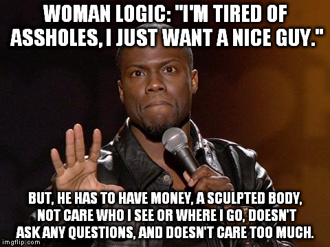 kevin hart | WOMAN LOGIC: "I'M TIRED OF ASSHOLES, I JUST WANT A NICE GUY." BUT, HE HAS TO HAVE MONEY, A SCULPTED BODY, NOT CARE WHO I SEE OR WHERE I GO,  | image tagged in kevin hart | made w/ Imgflip meme maker