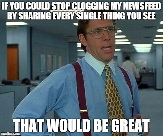 That Would Be Great | IF YOU COULD STOP CLOGGING MY NEWSFEED BY SHARING EVERY SINGLE THING YOU SEE THAT WOULD BE GREAT | image tagged in memes,that would be great | made w/ Imgflip meme maker