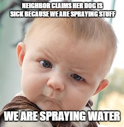 Skeptical Baby Meme | NEIGHBOR CLAIMS HER DOG IS SICK BECAUSE WE ARE SPRAYING STUFF WE ARE SPRAYING WATER | image tagged in memes,skeptical baby | made w/ Imgflip meme maker