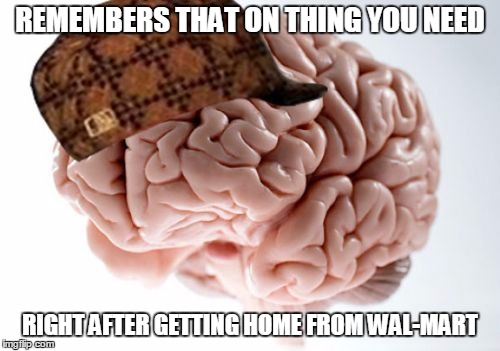 Scumbag Brain | REMEMBERS THAT ON THING YOU NEED RIGHT AFTER GETTING HOME FROM WAL-MART | image tagged in memes,scumbag brain | made w/ Imgflip meme maker