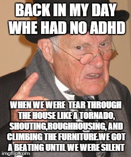 Back In My Day Meme | BACK IN MY DAY WHE HAD NO ADHD WHEN WE WERE  TEAR THROUGH THE HOUSE LIKE A TORNADO, SHOUTING,ROUGHHOUSING, AND CLIMBING THE FURNITURE.WE GOT | image tagged in memes,back in my day | made w/ Imgflip meme maker