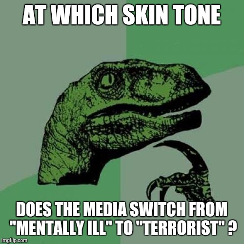Philosoraptor | AT WHICH SKIN TONE DOES THE MEDIA SWITCH FROM "MENTALLY ILL" TO "TERRORIST" ? | image tagged in memes,philosoraptor | made w/ Imgflip meme maker