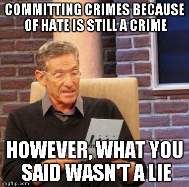 Maury Lie Detector Meme | COMMITTING CRIMES BECAUSE OF HATE IS STILL A CRIME HOWEVER, WHAT YOU SAID WASN'T A LIE | image tagged in memes,maury lie detector | made w/ Imgflip meme maker