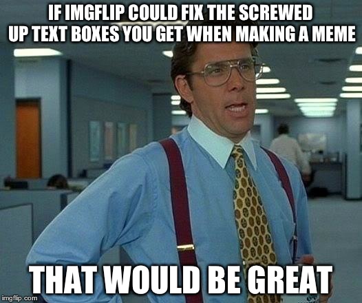 Unless it's only happening to me | IF IMGFLIP COULD FIX THE SCREWED UP TEXT BOXES YOU GET WHEN MAKING A MEME THAT WOULD BE GREAT | image tagged in memes,that would be great | made w/ Imgflip meme maker