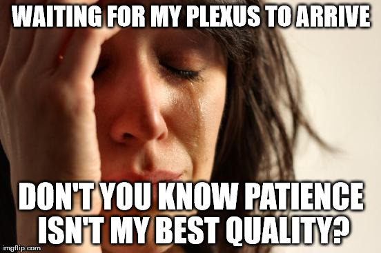 First World Problems Meme | WAITING FOR MY PLEXUS TO ARRIVE DON'T YOU KNOW PATIENCE ISN'T MY BEST QUALITY? | image tagged in memes,first world problems | made w/ Imgflip meme maker