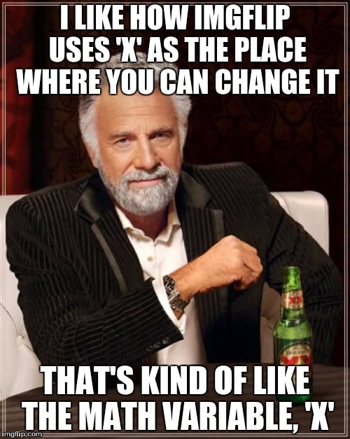 The Most Interesting Man In The World | I LIKE HOW IMGFLIP USES 'X' AS THE PLACE WHERE YOU CAN CHANGE IT THAT'S KIND OF LIKE THE MATH VARIABLE, 'X' | image tagged in memes,the most interesting man in the world | made w/ Imgflip meme maker