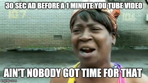 Ain't Nobody Got Time For That Meme | 30 SEC AD BEFORE A 1 MINUTE YOU TUBE VIDEO AIN'T NOBODY GOT TIME FOR THAT | image tagged in memes,aint nobody got time for that | made w/ Imgflip meme maker