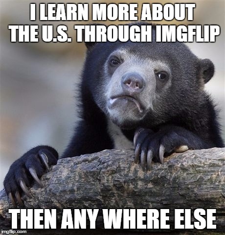 Confession Bear | I LEARN MORE ABOUT THE U.S. THROUGH IMGFLIP THEN ANY WHERE ELSE | image tagged in memes,confession bear | made w/ Imgflip meme maker