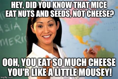 Unhelpful High School Teacher Meme | HEY, DID YOU KNOW THAT MICE EAT NUTS AND SEEDS, NOT CHEESE? OOH, YOU EAT SO MUCH CHEESE YOU'R LIKE A LITTLE MOUSEY! | image tagged in memes,unhelpful high school teacher | made w/ Imgflip meme maker