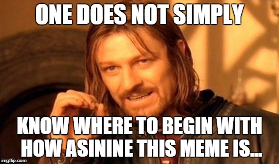One Does Not Simply Meme | ONE DOES NOT SIMPLY KNOW WHERE TO BEGIN WITH HOW ASININE THIS MEME IS... | image tagged in memes,one does not simply | made w/ Imgflip meme maker