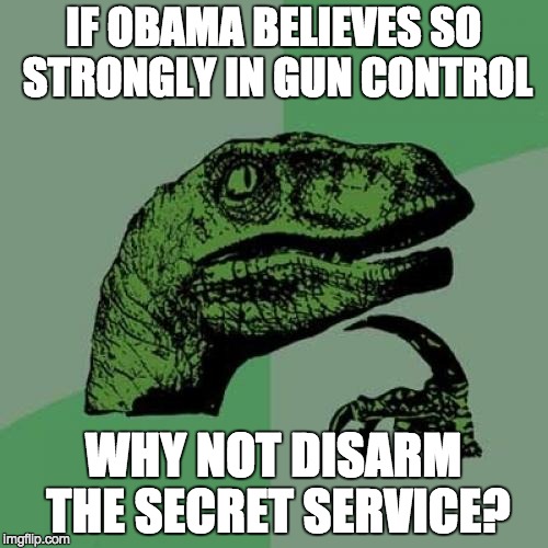 Philosoraptor | IF OBAMA BELIEVES SO STRONGLY IN GUN CONTROL WHY NOT DISARM THE SECRET SERVICE? | image tagged in memes,philosoraptor | made w/ Imgflip meme maker