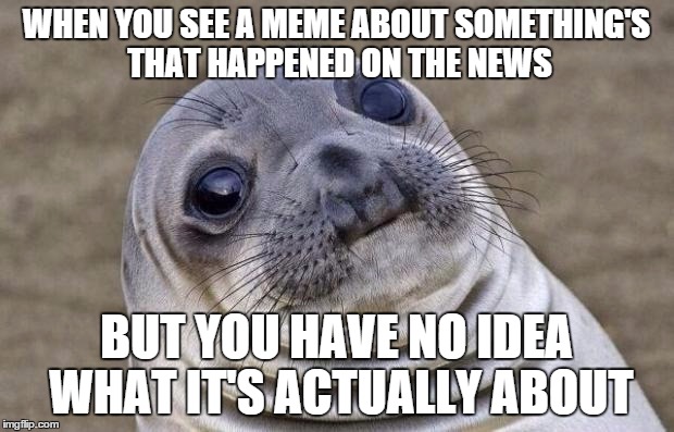 Awkward Moment Sealion Meme | WHEN YOU SEE A MEME ABOUT SOMETHING'S THAT HAPPENED ON THE NEWS BUT YOU HAVE NO IDEA WHAT IT'S ACTUALLY ABOUT | image tagged in memes,awkward moment sealion | made w/ Imgflip meme maker