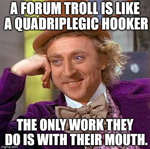 Creepy Condescending Wonka | A FORUM TROLL IS LIKE A QUADRIPLEGIC HOOKER THE ONLY WORK THEY DO IS WITH THEIR MOUTH. | image tagged in memes,creepy condescending wonka | made w/ Imgflip meme maker