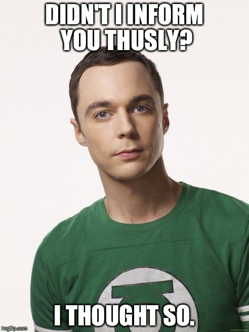 DIDN'T I INFORM YOU THUSLY? I THOUGHT SO. | image tagged in sheldon | made w/ Imgflip meme maker