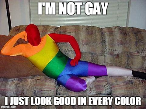 Rainbow Body Suit | I'M NOT GAY I JUST LOOK GOOD IN EVERY COLOR | image tagged in rainbow body suit,gay,homosexuality | made w/ Imgflip meme maker