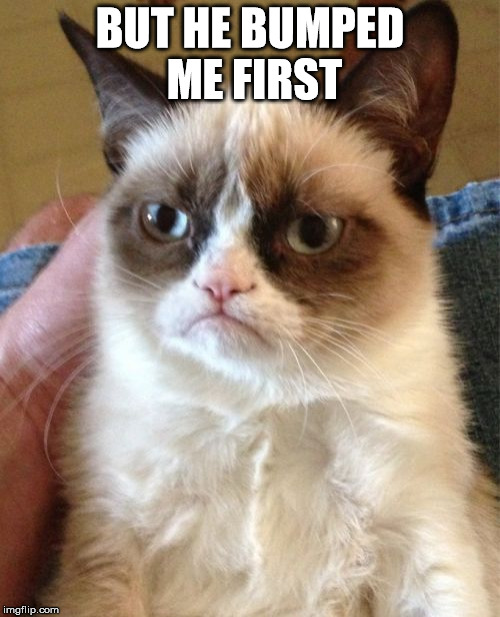 Grumpy Cat Meme | BUT HE BUMPED ME FIRST | image tagged in memes,grumpy cat | made w/ Imgflip meme maker