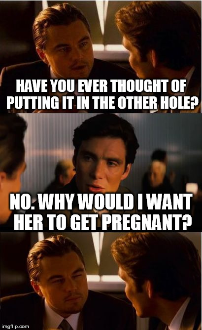 Inception Meme | HAVE YOU EVER THOUGHT OF PUTTING IT IN THE OTHER HOLE? NO. WHY WOULD I WANT HER TO GET PREGNANT? | image tagged in memes,inception | made w/ Imgflip meme maker
