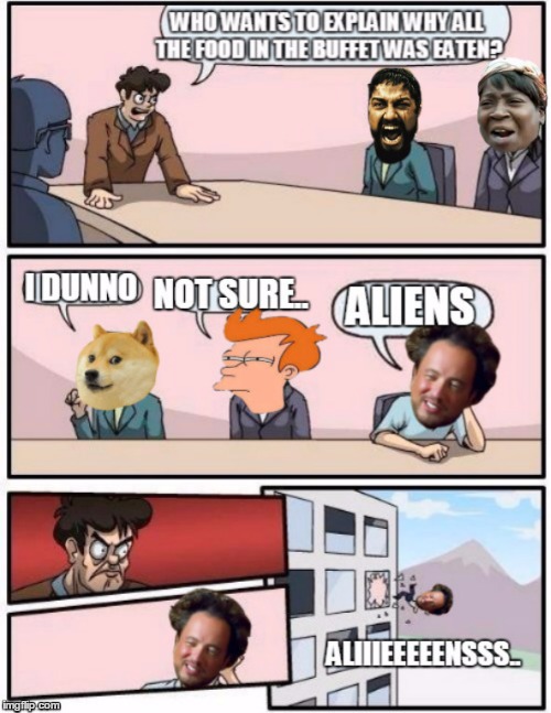 So all the memes gathered around the meeting table.. | image tagged in ancient aliens,boardroom meeting suggestion,doge,sparta leonidas,futurama fry,aint nobody got time for that | made w/ Imgflip meme maker