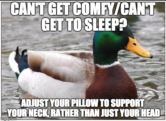 Actual Advice Mallard | CAN'T GET COMFY/CAN'T GET TO SLEEP? ADJUST YOUR PILLOW TO SUPPORT YOUR NECK, RATHER THAN JUST YOUR HEAD | image tagged in memes,actual advice mallard,AdviceAnimals | made w/ Imgflip meme maker