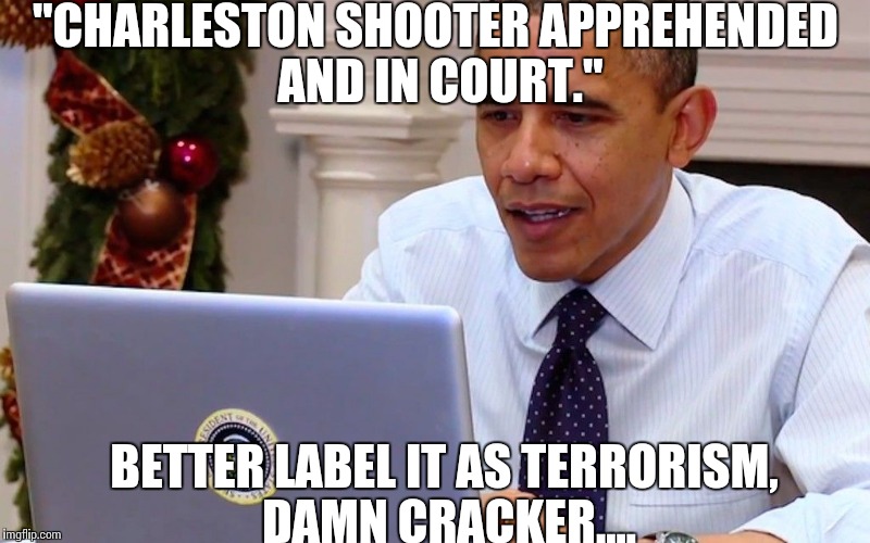 Obama's reaction to shooting | "CHARLESTON SHOOTER APPREHENDED AND IN COURT." BETTER LABEL IT AS TERRORISM, DAMN CRACKER.... | image tagged in obama,government,pissed off obama,obama yes we can,obama in fear of whites,fuck the police | made w/ Imgflip meme maker