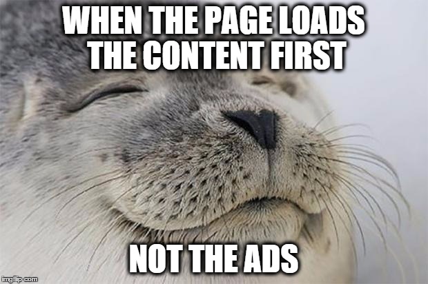 Satisfied Seal | WHEN THE PAGE LOADS THE CONTENT FIRST NOT THE ADS | image tagged in memes,satisfied seal,AdviceAnimals | made w/ Imgflip meme maker