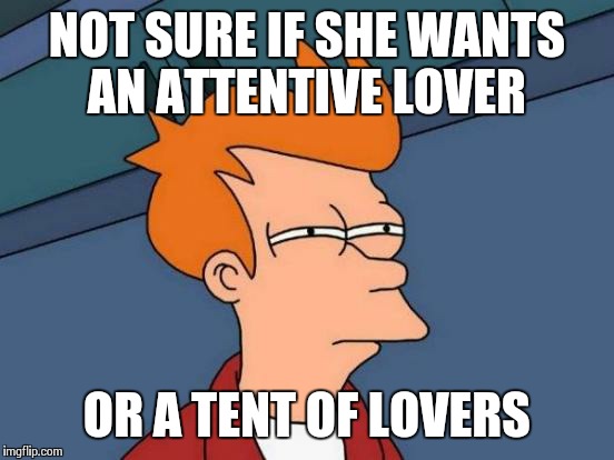 I'm not sure, I really wasn't listening  | NOT SURE IF SHE WANTS AN ATTENTIVE LOVER OR A TENT OF LOVERS | image tagged in memes,futurama fry | made w/ Imgflip meme maker