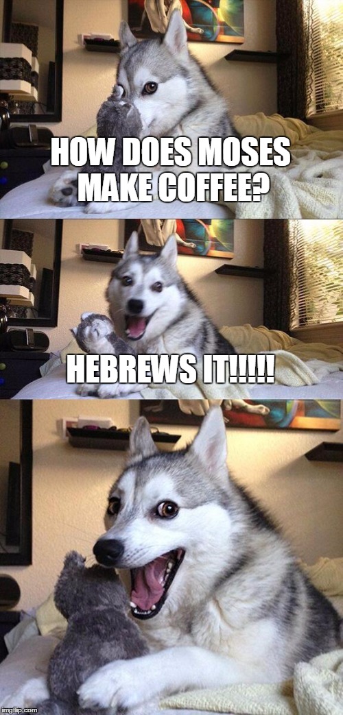 Bad Pun Dog Meme | HOW DOES MOSES MAKE COFFEE? HEBREWS IT!!!!! | image tagged in memes,bad pun dog | made w/ Imgflip meme maker