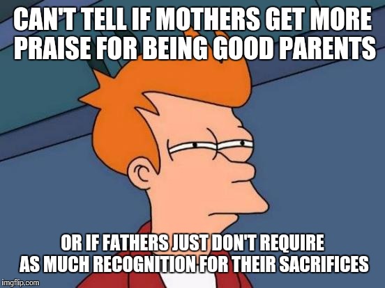 Futurama Fry | CAN'T TELL IF MOTHERS GET MORE PRAISE FOR BEING GOOD PARENTS OR IF FATHERS JUST DON'T REQUIRE AS MUCH RECOGNITION FOR THEIR SACRIFICES | image tagged in memes,futurama fry | made w/ Imgflip meme maker