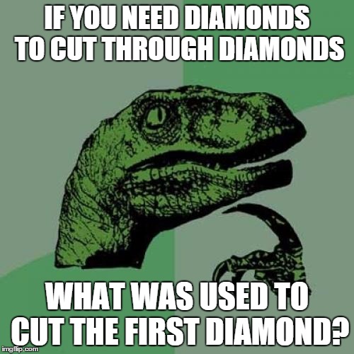 Philosoraptor | IF YOU NEED DIAMONDS TO CUT THROUGH DIAMONDS WHAT WAS USED TO CUT THE FIRST DIAMOND? | image tagged in memes,philosoraptor | made w/ Imgflip meme maker