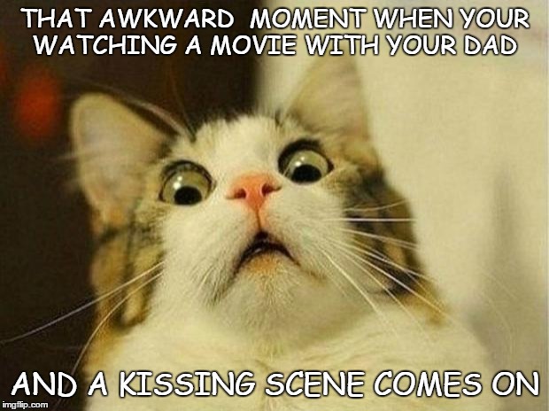 Scared Cat Meme | THAT AWKWARD  MOMENT WHEN YOUR WATCHING A MOVIE WITH YOUR DAD AND A KISSING SCENE COMES ON | image tagged in memes,scared cat | made w/ Imgflip meme maker