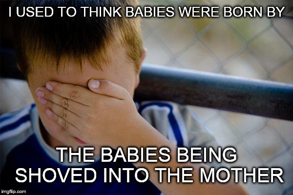 I saw lots of shows that said "I'll shove you back in there" and I began thinking that's how they are born  | I USED TO THINK BABIES WERE BORN BY THE BABIES BEING SHOVED INTO THE MOTHER | image tagged in memes,confession kid | made w/ Imgflip meme maker