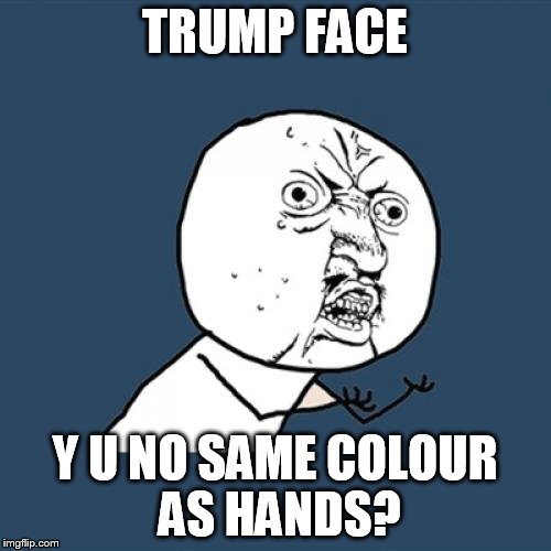 Y U No Meme | TRUMP FACE Y U NO SAME COLOUR AS HANDS? | image tagged in memes,y u no | made w/ Imgflip meme maker