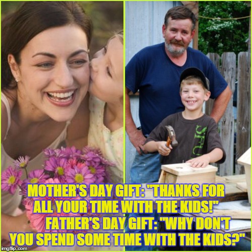 Father's Day | MOTHER'S DAY GIFT: "THANKS FOR ALL YOUR TIME WITH THE KIDS!"          FATHER'S DAY GIFT: "WHY DON'T YOU SPEND SOME TIME WITH THE KIDS?" | image tagged in father's day,mother's day,parents | made w/ Imgflip meme maker