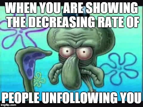 WHEN YOU ARE SHOWING THE DECREASING RATE OF PEOPLE UNFOLLOWING YOU | image tagged in squidward | made w/ Imgflip meme maker